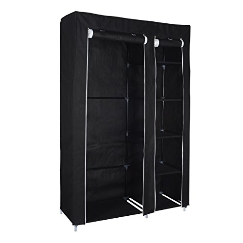Harima Keep Deluxe Stoff-Kleiderschrank, 2-türig, faltbar, leicht, mit Hängestange und Regalfächern, Schwarz mit 5 Kleiderbügel inklusive - 2