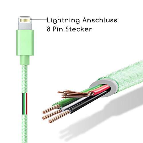 TheSmartGuard – Lightning Kabel / Datenkabel / Ladekabel [2.1 A] für Apple iPhone 7, 7 Plus, 6, 6s, 6 Plus, 6s Plus, SE, 5s, 5, 5C sowie alle iPad mit Lightning Anschluss | Nylon Ummantelt | Farbe: Grün | Länge: 1 Meter / 1m - 2