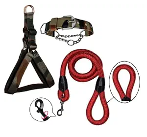 Hachiko:-(Combo of 3) Amazing Quality Nylon Padded Adjustable Dog Harness+Choke Collar+Rope(Extra Large,Army-Red)