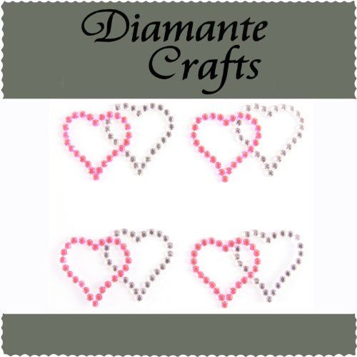 4 Hot Pink & Clear Double Hearts Diamante Vajazzle Rhinestone Gems - created exclusively for Diamante Crafts