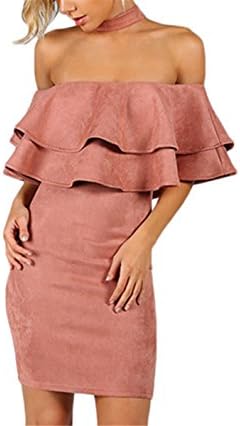 Sianze Pink Suede Layered Party Dress Women Off Shoulder Choker Neck Sexy Bodycon Dresses New Ruffle Zip up Club Mini Dress
