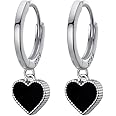 SLUYNZ 925 Sterling Silver Black Heart Hoop Earrings for Women Teen Hoop Earrings Heart Drop