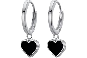 SLUYNZ 925 Sterling Silver Black Heart Hoop Earrings for Women Teen Hoop Earrings Heart Drop