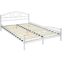 tectake Lit en métal Design Cadre de lit + sommier à Lattes - diverses modèles - (140x200cm, Blanc | No. 401725)