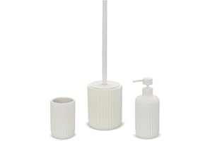 Inbagno Set Accessori Bagno 3 Pezzi in Ceramica Bianco cannettato, Dispenser Sapone portaspazzolini e portascopino Soft Touch, Spring