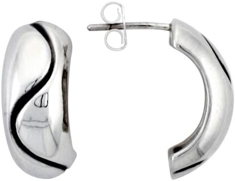 Sterling Silver Half Hoop Post Earrings, w/ Swirl Design, 3/4" (19mm) tall