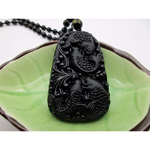 Preisvergleich Produktbild BGRHF Handarbeit Natürlicher Schwarzer Obsidian Geschnitzte Fische Happy Reunion Lucky Blessing Anhänger Halskette Modeschmuck