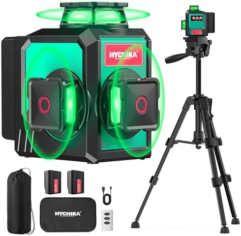 HYCHIKA Livella Laser Autolivellante 3x360°, Livello Laser con Treppiede, 2 x 3000mAh Batterie, 1 Cavo di Ricarica, 2 Borse in Tessuto e 1 Telecomando, IP54