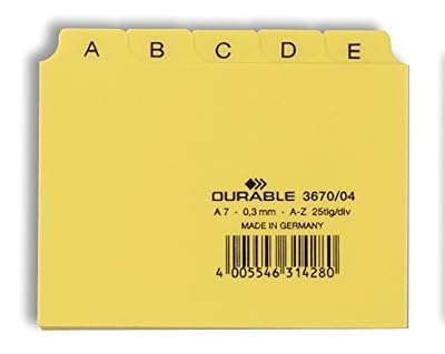 Durable 367004 Jeu de 25 Intercalaires Format A7 Paysage avec Divisions 5/5 - Onglets Imprimés A-Z - Polypro Coloris Jaune