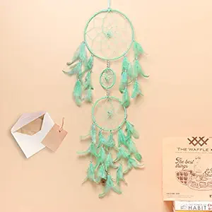 ILU Dream Catcher with Lights, Wall Hangings, Crafts, Home D?cor, Handmade for Bedroom, Balcony, Garden, Party, Caf?, Decoration, Wedding, Decorative, Green Feathers (17 cm Diameter)