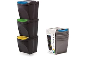 KrysGo 20 Litre Large Stackable Recycling Sorting Colour Coded Plastic Bins with Hinged Lids (Black, Set of 3)