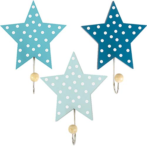LS-LebenStil Kinder Kleiderhaken Set 3 Sterne Blau 11x11x15cm Wandhaken Garderobe