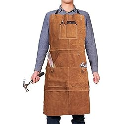 Tablier de Soudure, Tablier de Travail en Cuir de Vachette avec 6 Poches, 24 "x 36" Tablier de Cuisine Multifonctionnel, Bretelles Réglables de M à XXL pour Hommes et Femmes