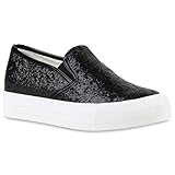  Damen Sneakers Sneaker Slip-Ons Plateau Slipper Plateau Strass Blumen Flats Animal Prints Freizeit Schuhe 118742 Schwarz 39 Flandell
