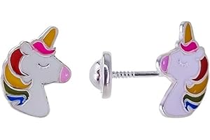Minoplata Pendientes para niñas unicornio de Plata de ley 925 con cierre tuerca rosca bebé