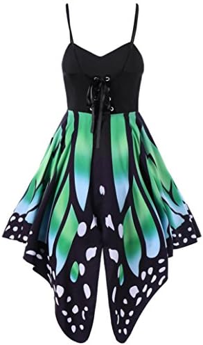 DAYLIN 1pc Women Summer Sleeveless Butterfly Printing Asymmetry Straps Dress (XL, Green)