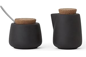 VIVA SCANDINAVIA Viva Nicola Juego de Azúcar y Crema de Carbón, Juego de Porcelana para Servir Café y Té - Jarra de Crema y Azucarero con Tapa de Corcho y Cuchara de Metal, 200 ml de Leche y Azúcar para Barra de Café