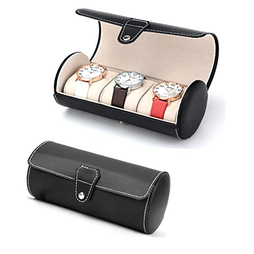 Autoark Leatherette Roll Traveler's Watch Storage Organizer for 3 Watch and / or Bracelets (Black),AW-U06