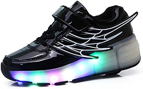 Luckly Grace LED Light up Wheel Roller Skate Shoes With Wings Retractable Outdoor Sport Flashing Sneaker For Boys Girls (4 UK, Black)