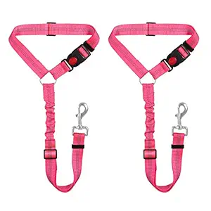 Lukovee Dog Car Seat Belt?2 Pack Headrest Restraint Seat Belt Straps, Dog Tether for Vehicle Adjustable Pet Safety Leads Elastic Bungee Backseat Leash for Dog Harness Collar Travel Daily Use (Pink)