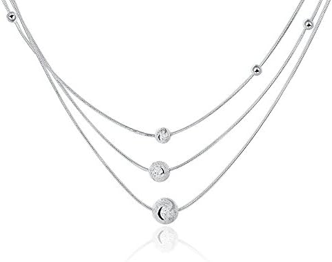 QianMu Beautiful silver plated Women Frosted Beads balls Charms Station Pendant Multi layer chain Necklace 18 inches