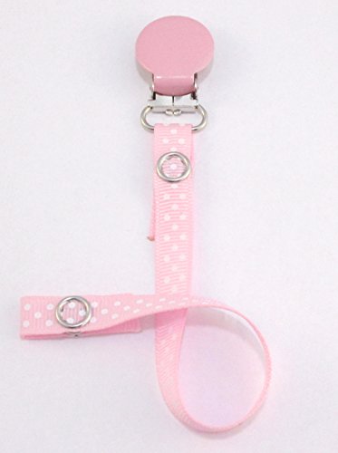 Girls pacifier soother dummy holder clip({baby pink - polka dots -pink round)