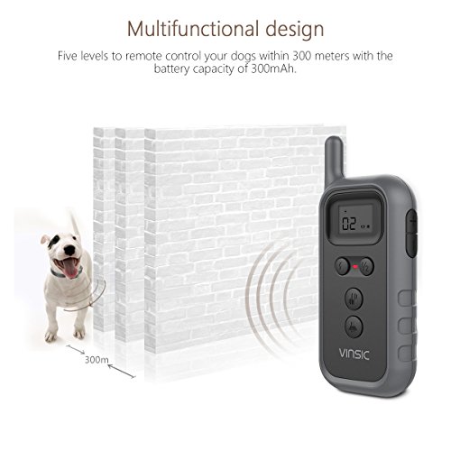 Collier-de-Dressage-pour-Chien-Vinsic-Collier-Anti-Aboiement-avec-Rcepteur-impermable-et-Tlcommande-de-300-mtres-5-niveux-de-Vibration-Electrique-Bip-Sonore-Gris-fonc