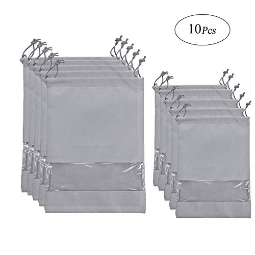 Preisvergleich Produktbild Schuhbeutel - YeeStone 10 Stück Schuhtasche mit Zugband / Transparente Fenster, Wasserabweisend Staubabweisende - Ideal für Reisen oder Staubdichten, Zwei Größen, Grau