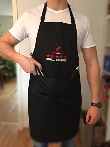 Grillschürze von STAR-BBQ | Küchenschürze Kochschürze – Die elegante Schürze, die Ihre Kleidung vor Grillgeruch und Fettspritzern schützt, schwarz mit Taschen für Männer - 6