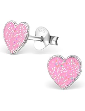 GH1a Glitzer Rosa Herz Ohrstecker 925 Echt Silber Ohrringe Mädchen Kinder Geschenkidee