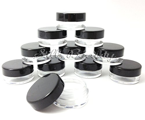 10x 3mL EMPTY PLASTIC JARS POTS w/ BLACK CLEAR SCREW LIDS For Nail Art/Glitter/Make Up/Oils