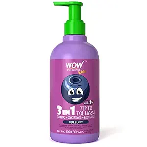 WOW Skin Science Kids Tip To Toe Wash - Shampoo - Conditioner - Body Wash - No Parabens, Sulphate, Silicones, Mineral Oil Or Color - Blueberry, 300 ml