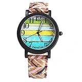 Godagoda Damen Armbanduhr Creative Farbige Holz Textur Stil Streifen Muster PU Leder Bunt Armband Deko Quarzuhr