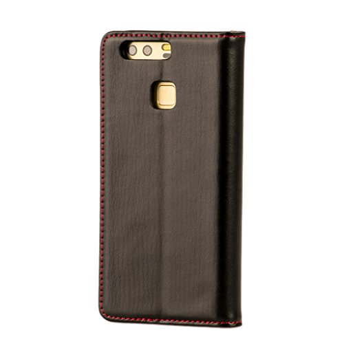 Funda Huawei P9  Genuina Funda De Piel  Con Funci  n Stand Para El Huawei P9  Dise  o Delgado  Ranuras Para Tarjeta  Ranuras Para Billetes  Cierre Magn  tico  Negro  Hecho Por TORRO