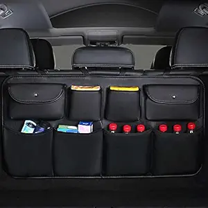 Hukimoyo Car Trunk Organizer Back Seat Bag Pocket Waterproof Adjustable Straps Universal Trunk Organizer Compartment Hanging Storage - PU Leather (Black)