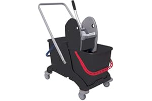 TTAMG CARRELLO DOPPIA VASCA NERO LT. 25 + 25 CON MANICO BLU E ROSSO + STRIZZATORE SECCHIO LAVA PAVIMENTI PROFESSIONALE INDUSTRIALE