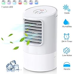 Climatiseur Portable, Refroidisseur d'air 4 en 1 Ventilateur de Climatisation Silencieux Mobile Mini Personnel Air Refroidisseur Humidificateur 3 Vitesses - 2/4h Timer Rapide à Utiliser - 7 Couleurs