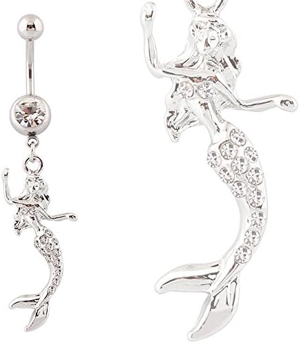HYIdealism Clear Gems Mermaid 14G Dangle Body Piercing Belly Bar Navel Ring