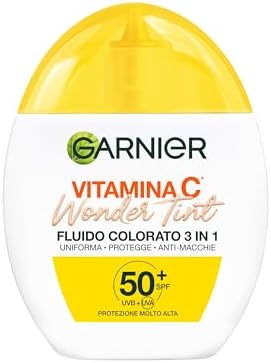 Garnier Fluido Colorato 3 in 1 Wonder Tint Vitamina C, Per Tutti i Tipi di Pelle, Protezione Solare SPF50+, Pelle Uniformata e Protetta, Macchie Ridotte, Tonalità: Light, 40 ml
