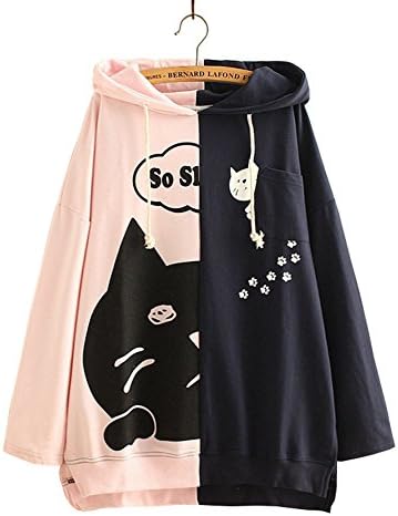 Cystyle Girl's New Cute Cartoon Cat Style Splicing Color Long Sleeve Hoodie Sweatshirt (One Size, Pink &amp; Navy)