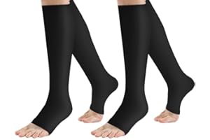 ODTMGER 2 Paar Kompressionsstrümpfe für Damen und Herren, Unterstützung 20–30 mmHg, kniehohe, offene Zehen, Knöchelgewölbe, Wadenbeinsocken für die Durchblutung, Vorbeugung gegen Krampfadern (L/XL, Black)