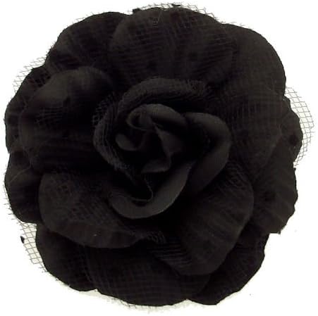 Acosta - Black Fabric &amp; Polka Dot Lace Net - Layered Corsage Rose Flower Brooch / Hair Clip / Fashion Accessory