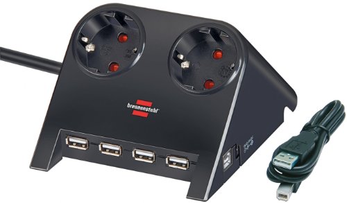Brennenstuhl Desktop-Power-Plus, Steckdosenleiste 2-fach (Tisch-Steckdose mit 1,8m Kabel, 4-fach USB-2.0-Hub und 5V-Buchse) Farbe: schwarz poliert