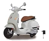 Gepolsterter Kunstledersitz Jamara 460346 - Ride-on Vespa weiß 12V - Leistungsstarker Antriebsmotor und Akku für lange Fahrzeit, SD-Karten Slot, AUX- und USB-Anschluss, Ultra-Grip Gummiring am Rad, Stützräder, LED-Scheinwerfer
