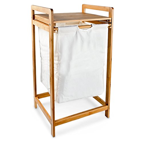 Relaxdays Wäschesammler LINEA Bambus HxBxT: 73 x 34 x 33 cm Wäschekorb aus Stoff mit einem Bambusgestell und Ablage zum Unterbringen von Wäsche als praktischer Wäschepuff mit seitlichen Griffen, natur