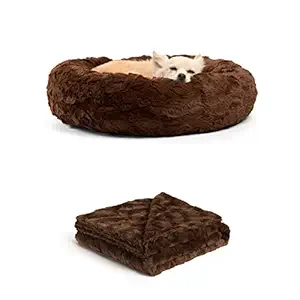 Best Friends by Sheri Bundle Set The Original Calming Lux Donut Cuddler Cat and Dog Bed + Pet Throw Blanket Dark Chocolate Small 23