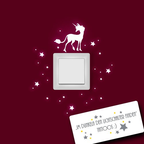 ilka parey wandtattoo-welt® Leuchtsticker Lichtschalteraufkleber Einhorn Wandtattoo mit Sternen fluoreszierend für Lichtschalter leuchtend fluoreszierend nachtleuchtend Wandaufkleber Wandsticker M952