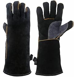 KIM YUAN Gants de Soudure en Cuir Extrêmement Chauds et Ignifuges Avec Coutures en Kevlar Pour Cheminées, Fours, Soudure, Cuisson, Manipulation,, Noir 16 Pouces