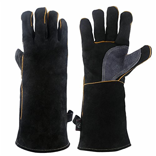 KIM YUAN Gants de Soudure en Cuir Extrêmement Chauds et Ignifuges Avec Coutures en Kevlar Pour Cheminées, Fours, Soudure, Cuisson, Manipulation,, Noir 16 Pouces