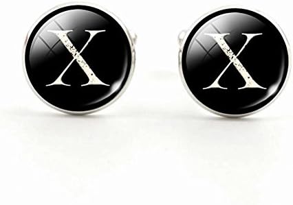Fashion Jewelry Men Cufflinks Alphabet Single Letter Black Bottom Silver Plated Wedding Party Vintage 16mm Men Cuff Link , X